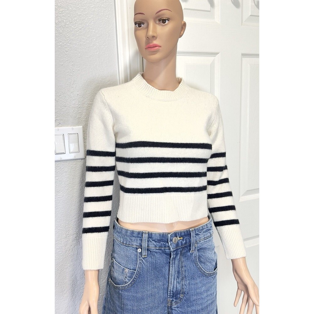 FRAME 💯 Cashmere Sweater Women S Petite Ivory  Striped Cropped Crewneck Preppy